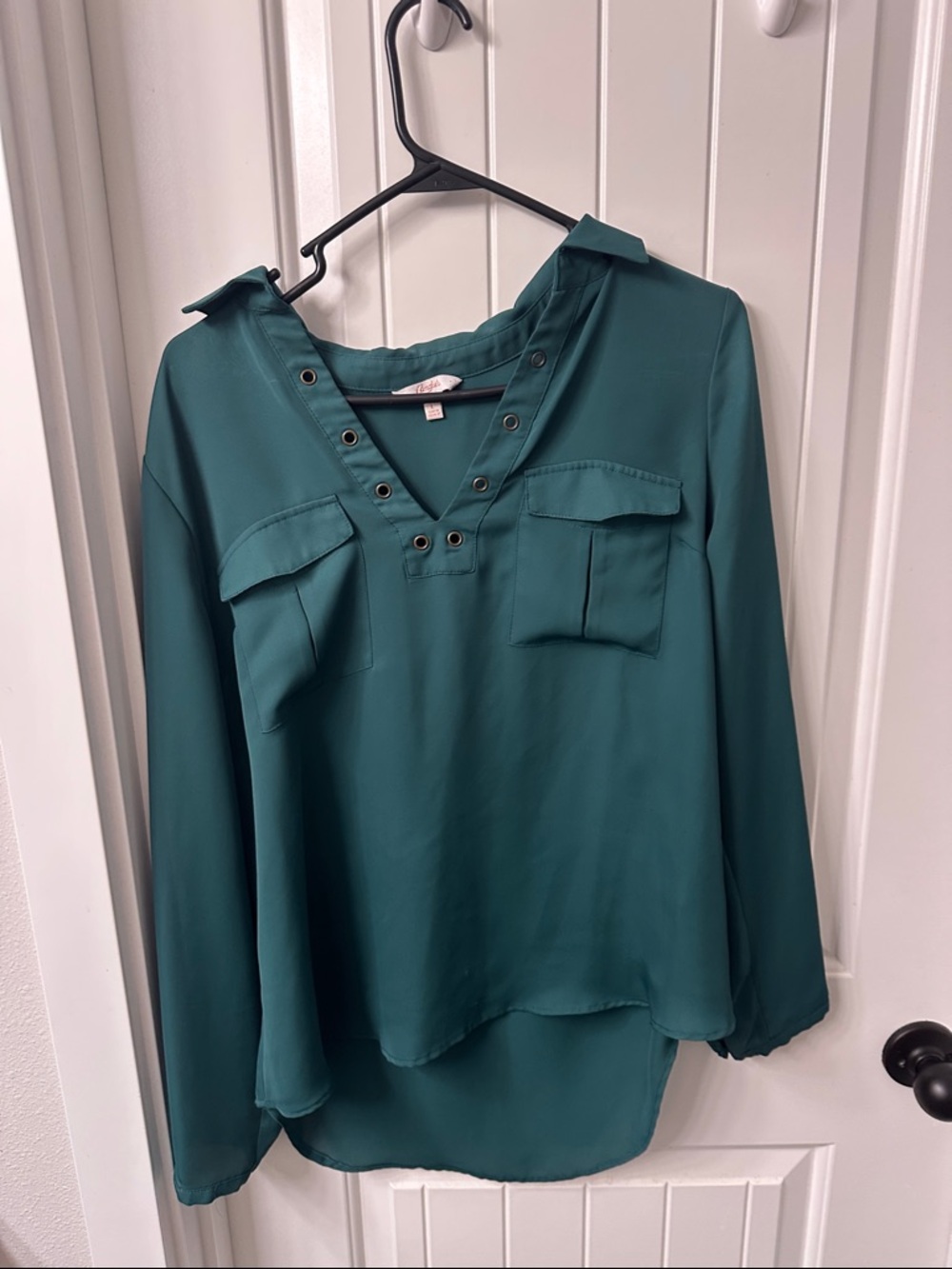 Candie's Teal V-Neck Grommet Utility Blouse